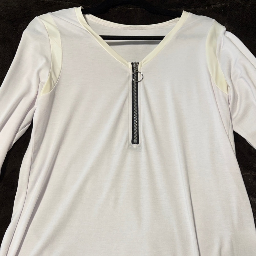 White Long Sleeve Top with Zipper Detail